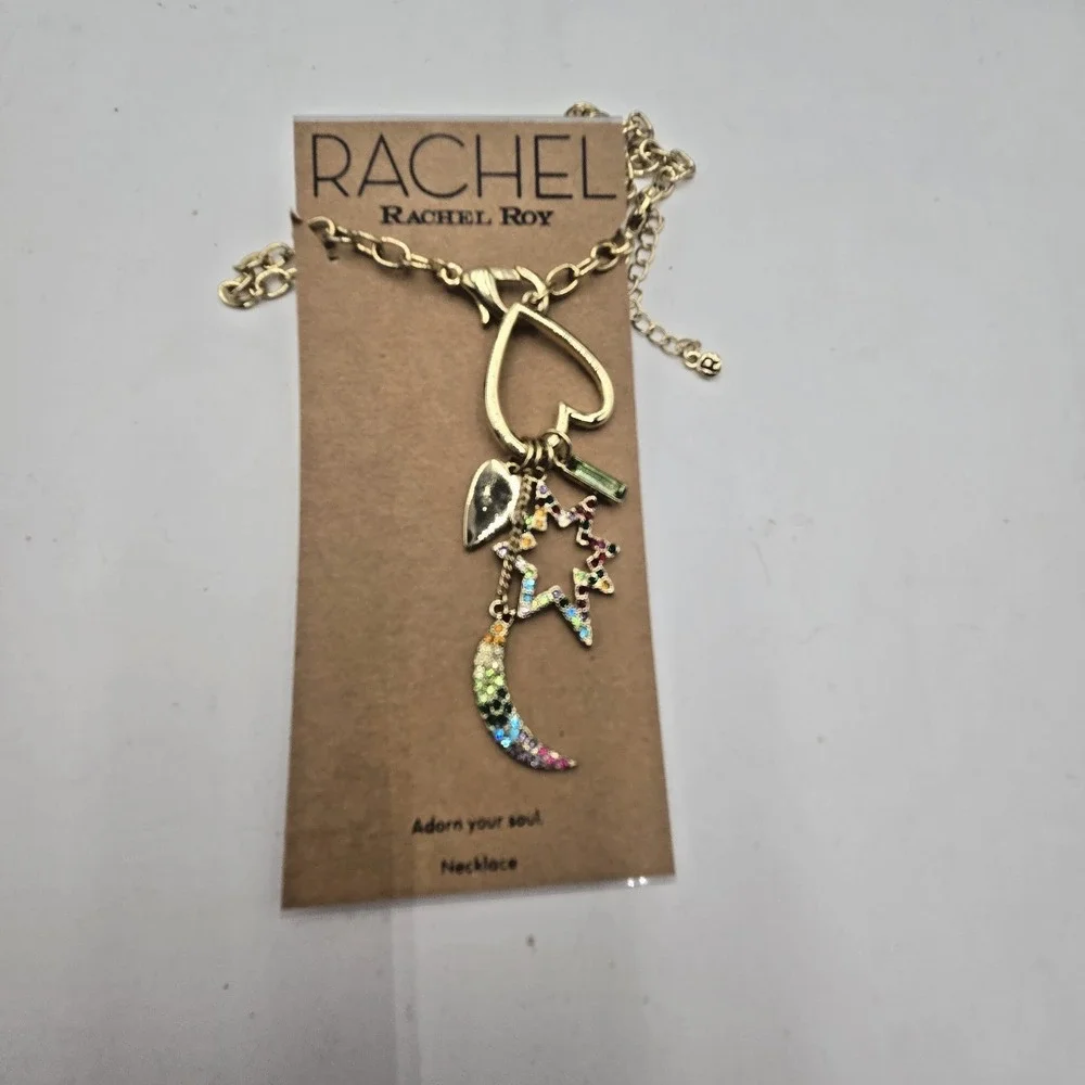 Gold Tone Charm Statement‎ Necklace Rainbow Stones Heart Star Moon Adjustable